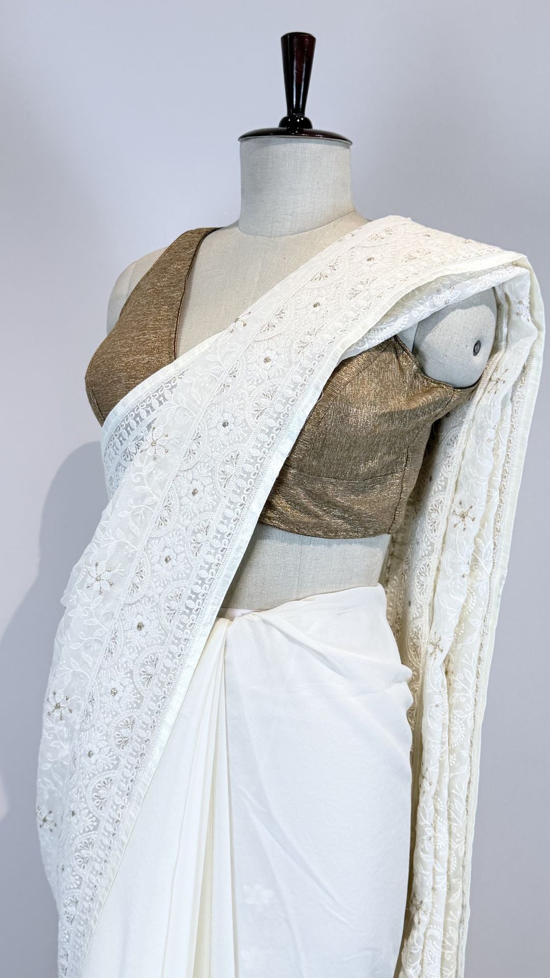 White Semi Chikankari Embroidered Saree for Women
