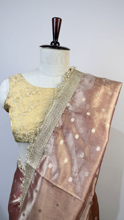 Rose Gold Tissue Silk Saree with Lace Border