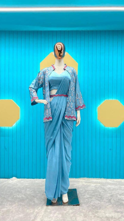 Sky Blue Chinon Silk Ready-to-Wear Saree with Embroidered Jacket
