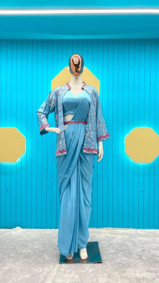 Sky Blue Chinon Silk Ready-to-Wear Saree with Embroidered Jacket