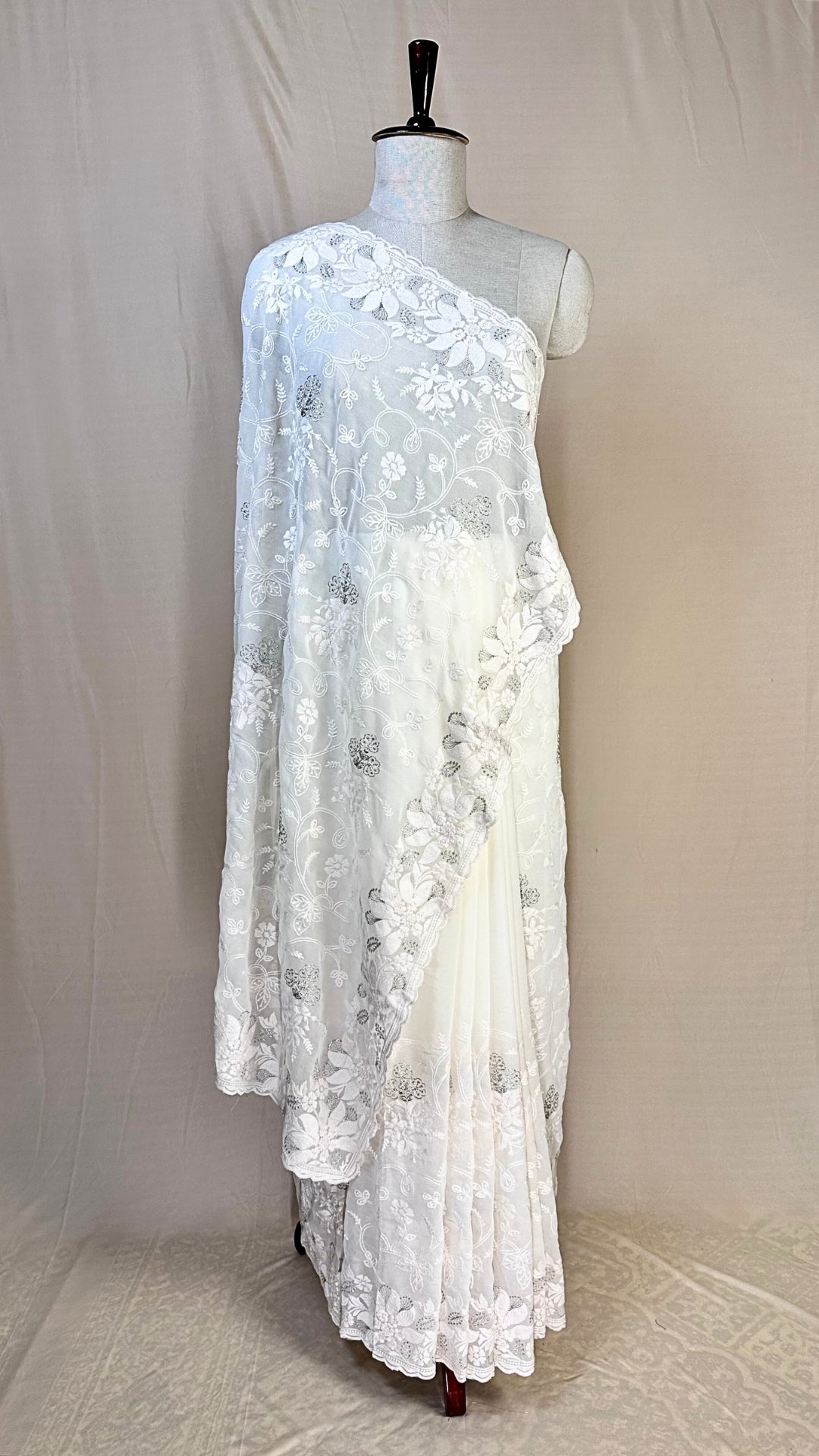 Elegant White chikankari Saree with White Floral Embroidery,