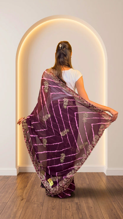 Deep Wine Leheriya Print Embellished Chiffon Saree