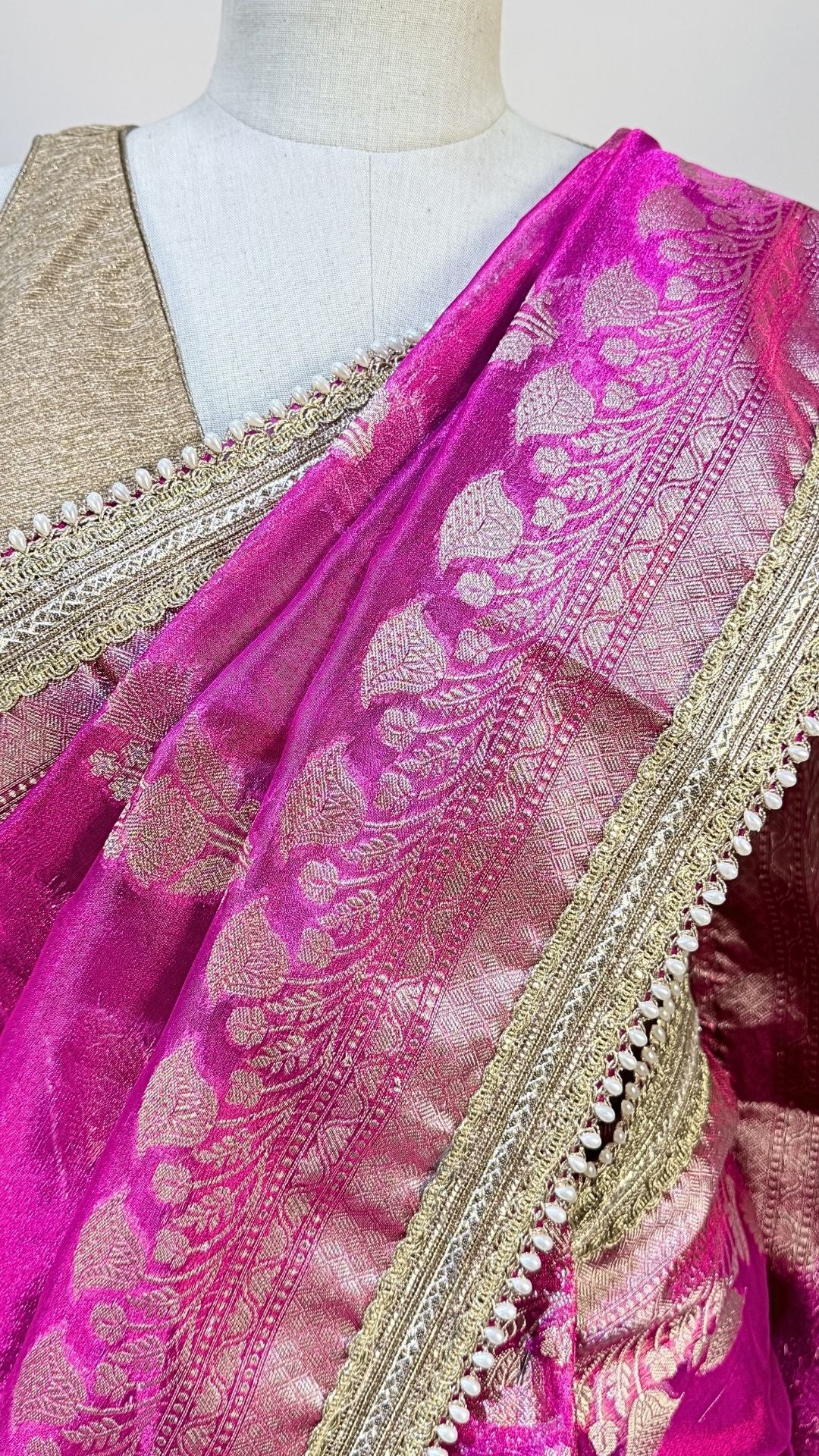 Rani Pink Tissue Saree with Moti Lace Border