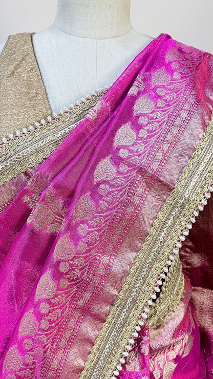 Rani Pink Tissue Saree with Moti Lace Border