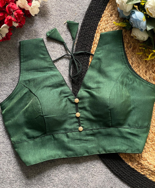 Readymade Sleeveless Blouse with Deep Neckline & Decorative Buttons