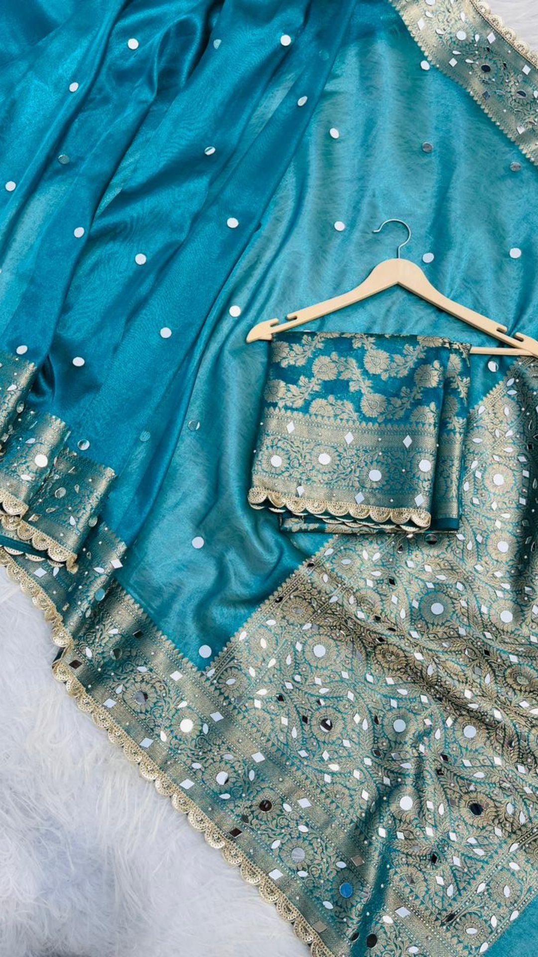 Royal Blue Tissue Saree with Heavy Mirror Work