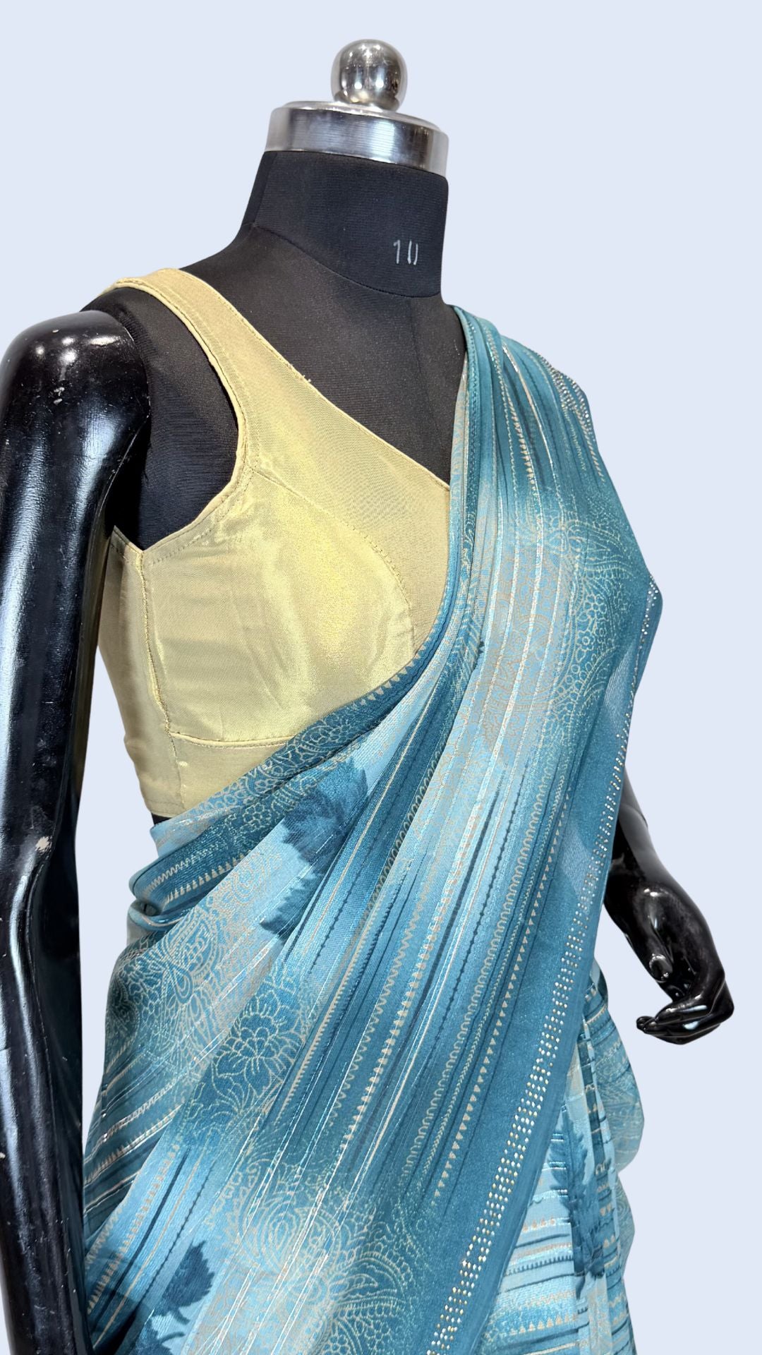 Sky Blue Printed Synthetic Saree with Leaf Print