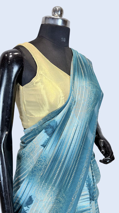Sky Blue Printed Synthetic Saree with Leaf Print