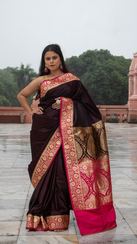Wine with Pink Border Katan Mashru Silk Saree