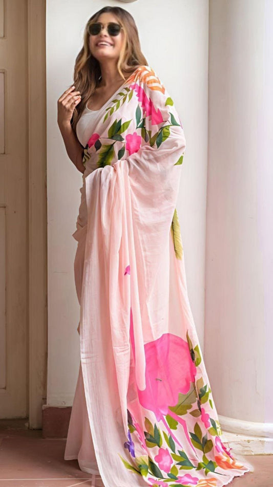 Soft Pink Floral Linen Cotton Saree with Designer Blouse