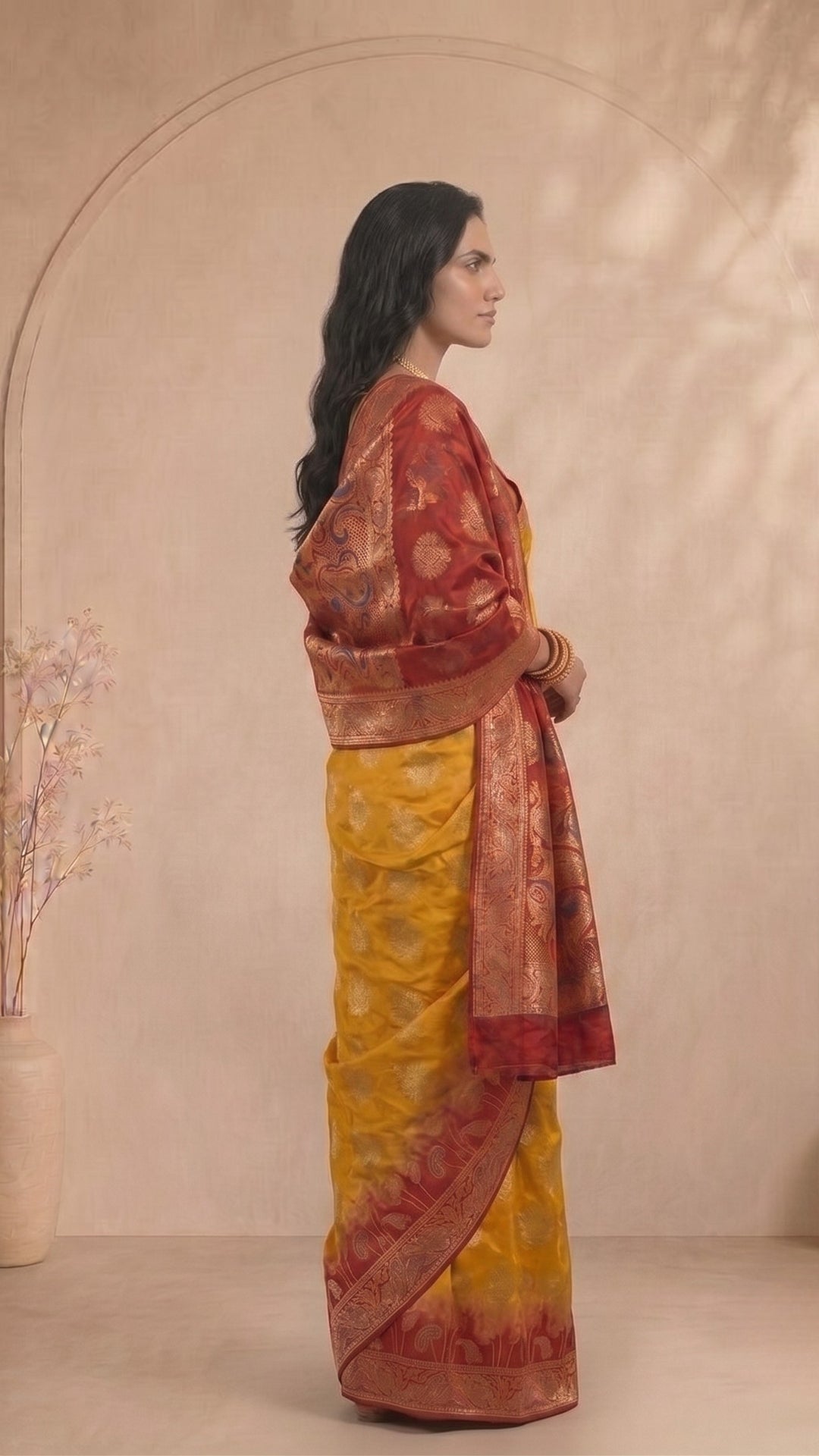 Yellow & Red Banarasi Saree with Matching Dupatta