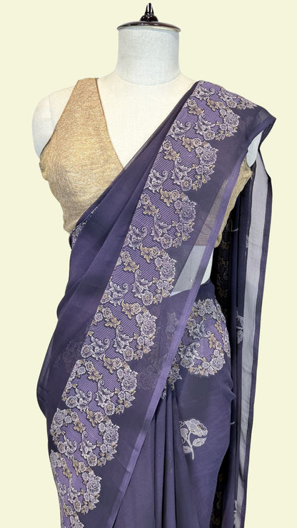 Midnight Blue Synthetic Printed Saree