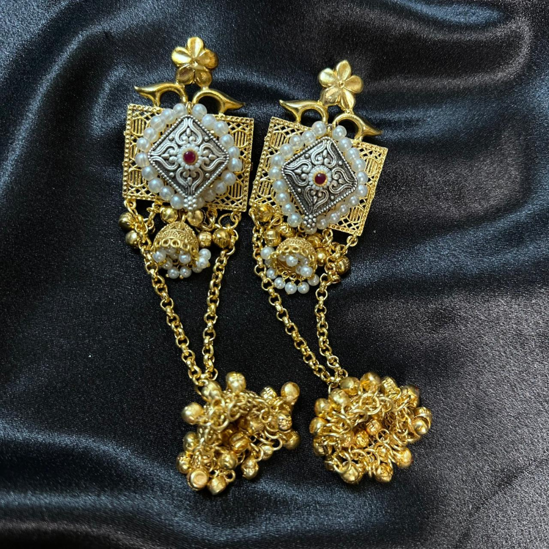 Kashmiri Antique Brass Long Chain Earrings with Pearl Detailing