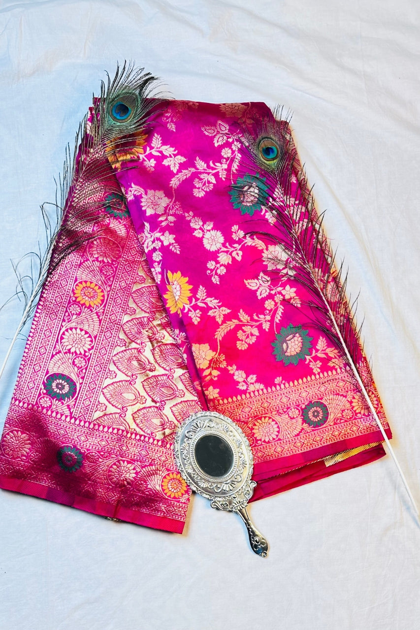 Royal Rani Pink Banarasi Silk Saree with Meenakari Floral Jaal & Zari Border