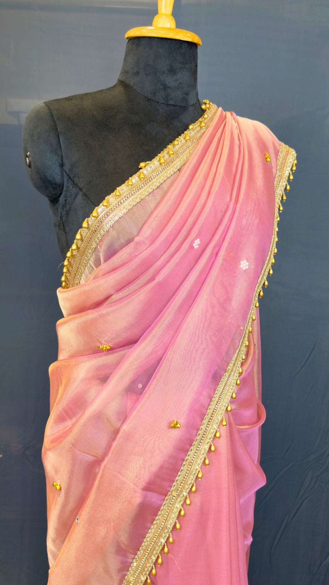 Pink Tissue Ghungroo Mirror Work Saree
