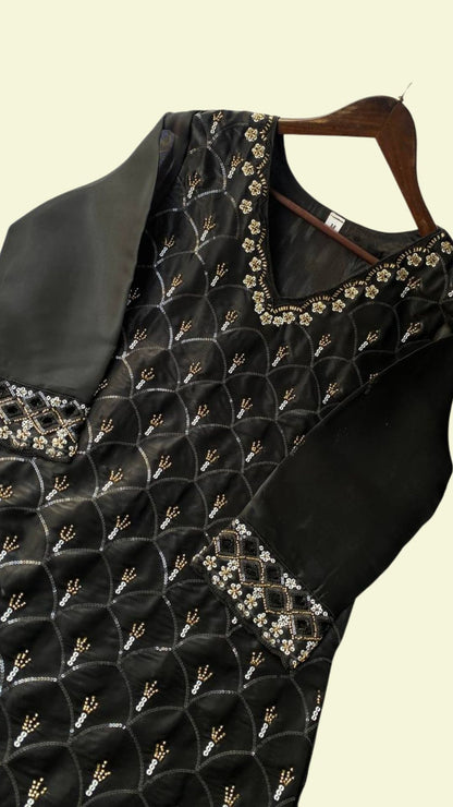 Black Embroidered Kurti Palazzo Set with Dupatta for Women
