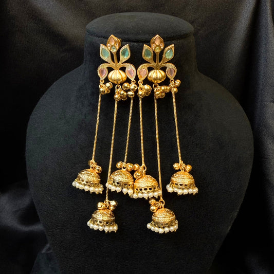 Traditional Kashmiri Jhumka Earrings  Gold-Plated Long Dangler Earrings with pink Pearl Drops