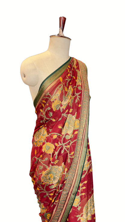 Banarashe Maroon Red Floral Printed Saree with Green & Gold Traditional Border