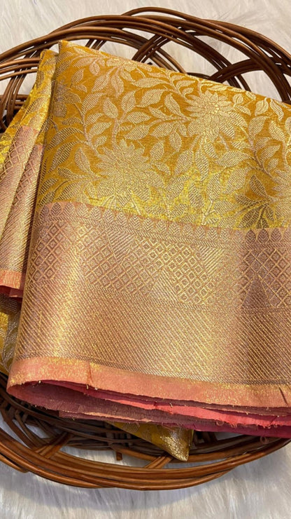 Premium Gold Banarasi Tissue Saree with Contrast Zari Tanchui Weaving & Brocade Blouse