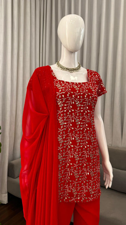 Royal Red Embroidered Georgette Suit Set with Bootcut Pants & Dupatta