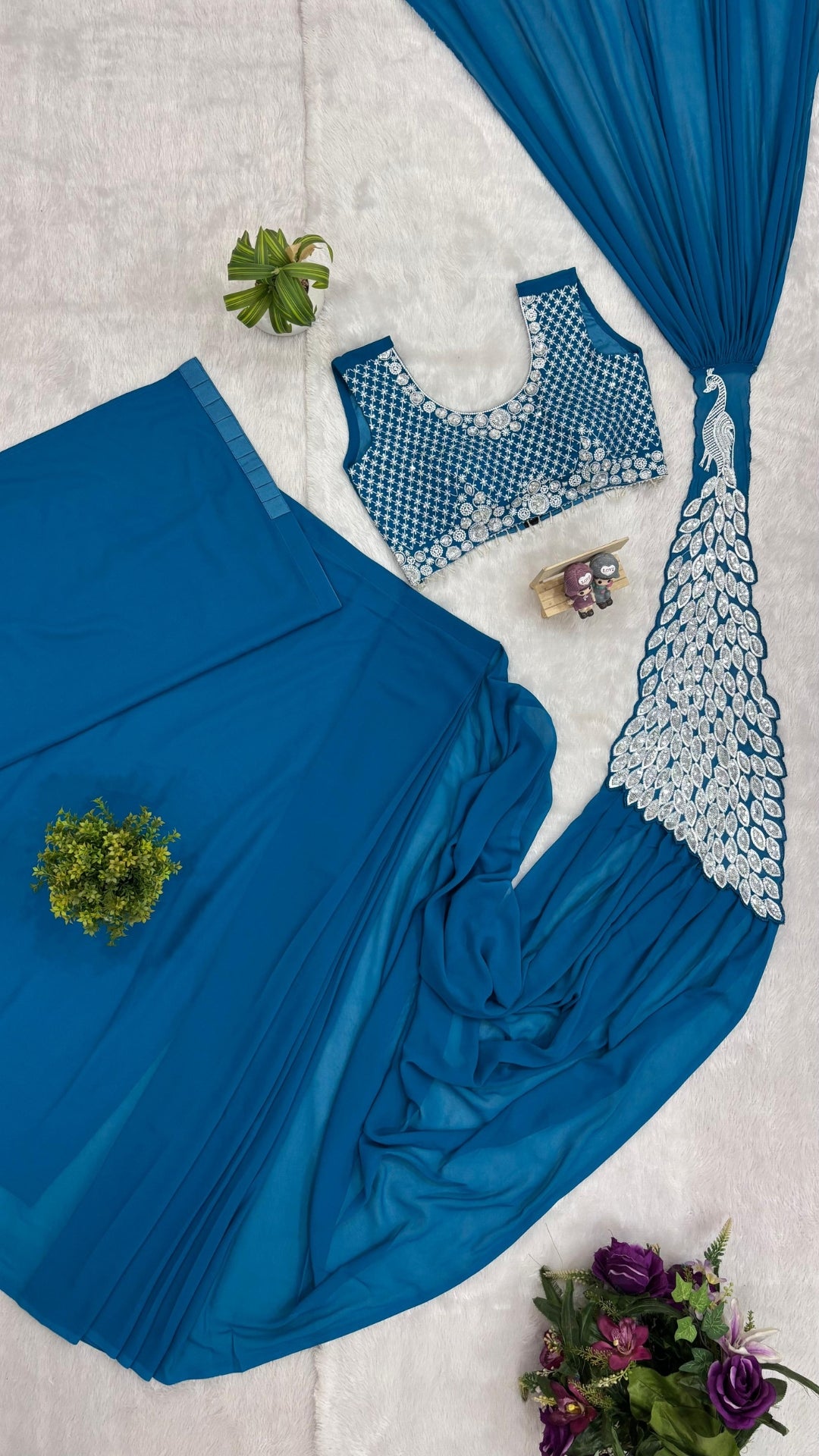 Teal Faux Georgette Ready-to-Wear Drape Saree