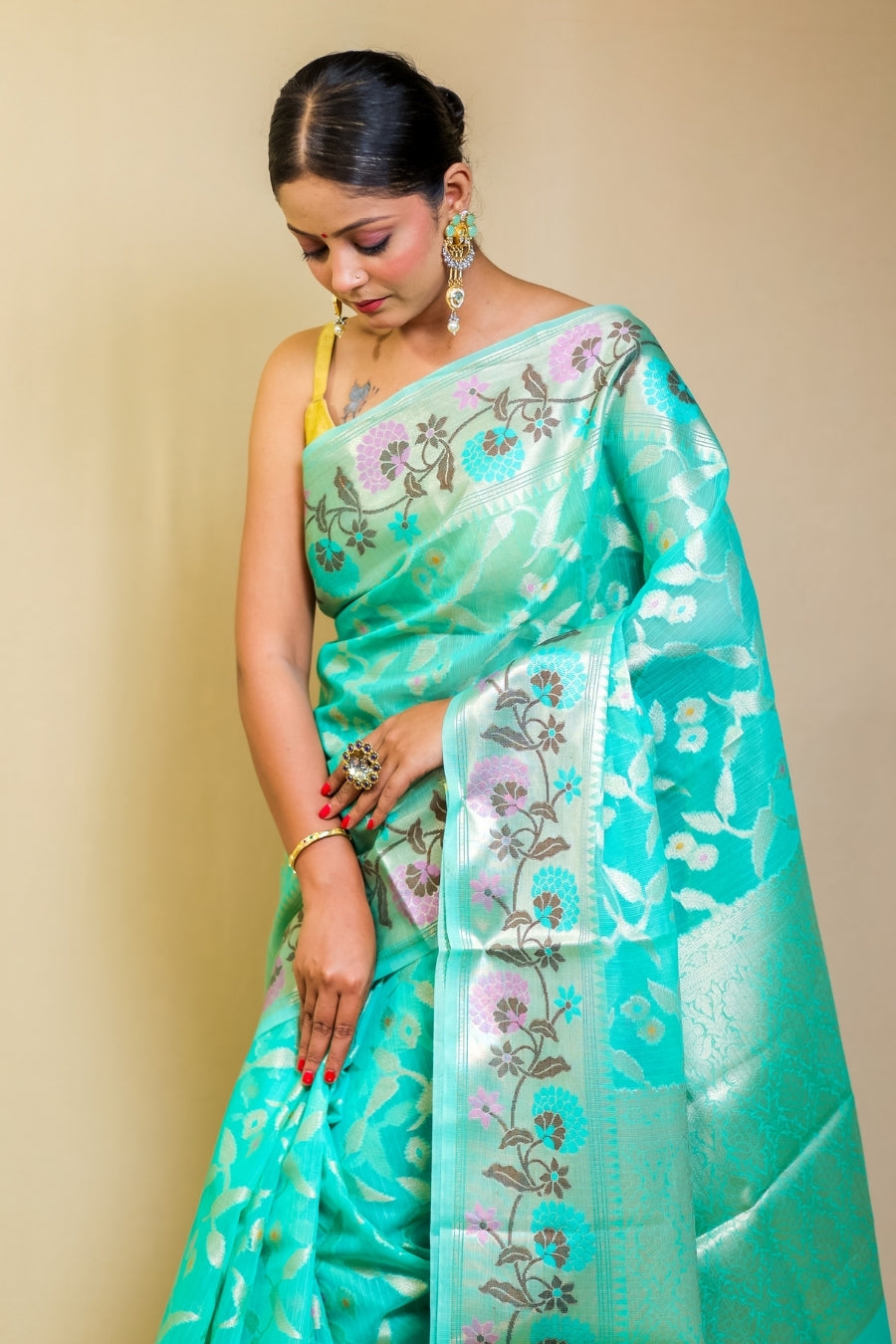 Banarashe Aqua Blue SuperNet Banarasi Kora Paithani Saree