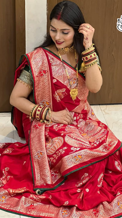 Pure Red Dola Banarasi Saree with All-Over Zari Weaving