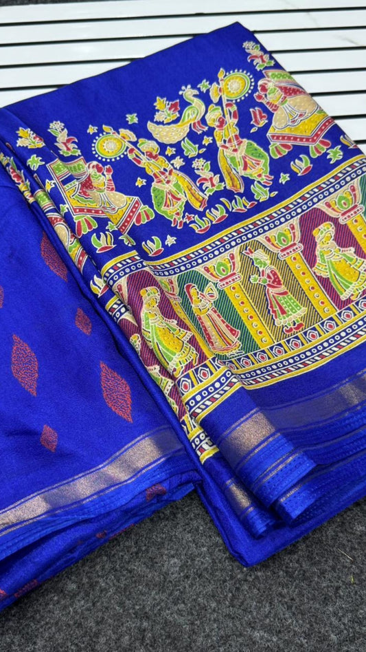 Royal Blue Russian Dola Silk Saree with Pashmina Hand Block Print Border