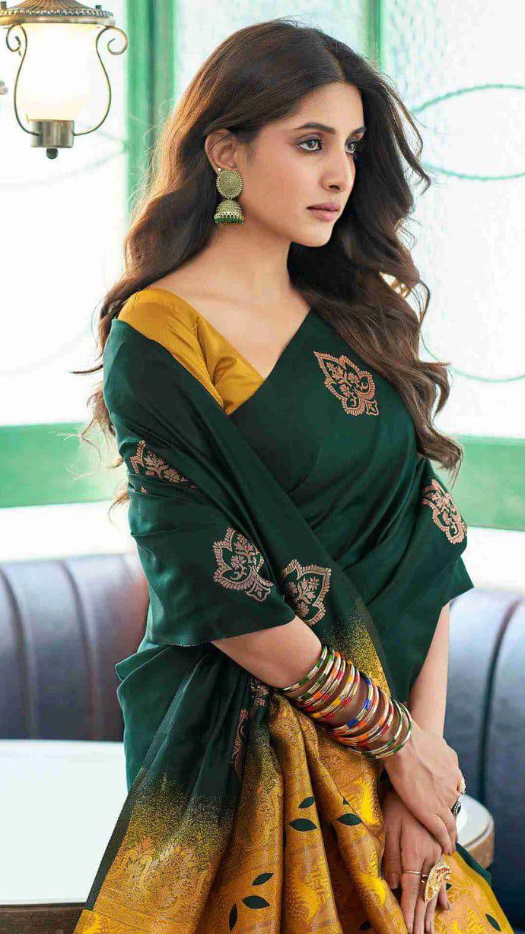 Bottle Green Soft Lichi Silk Saree with Rich Golden Jacquard Pallu & Contrast Blouse