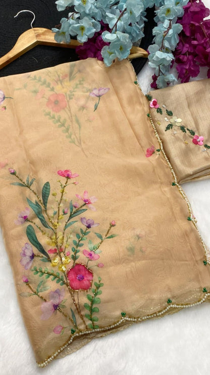Blush Beige Floral Tabby Silk Saree with Sequins & Katdana Handwork