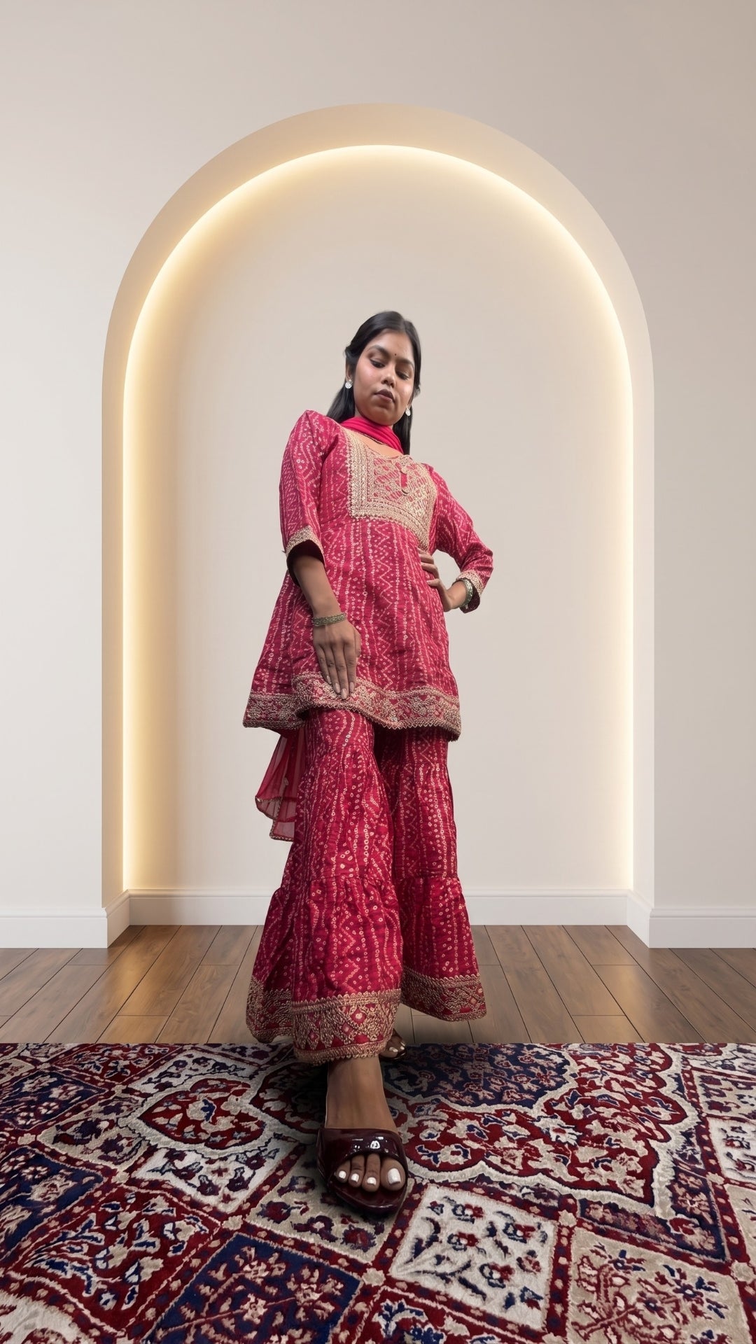 Pink Soft Cotton Bandhani Printed Embroidered Gharara Suit Set