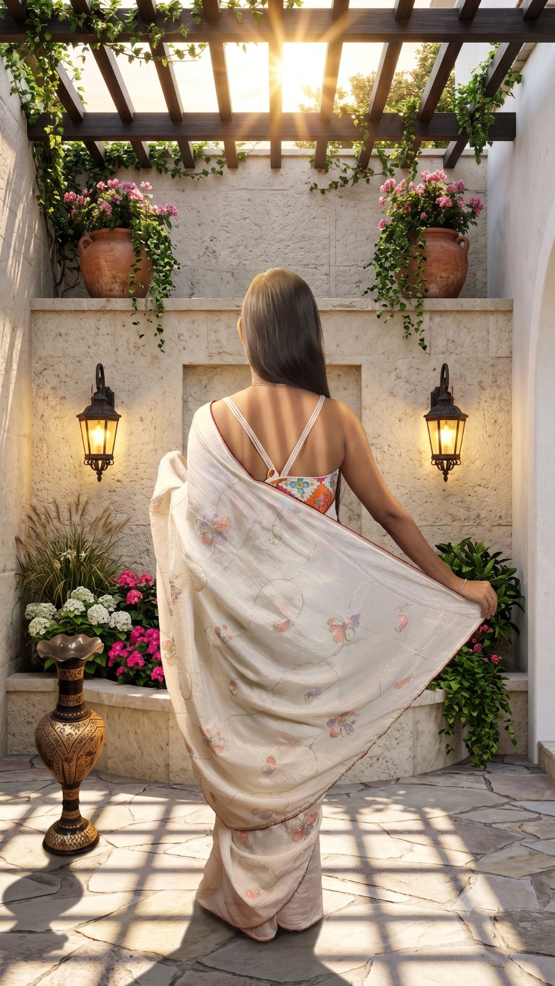 Elegant Ivory Floral Embroidered Saree with Contrast Border