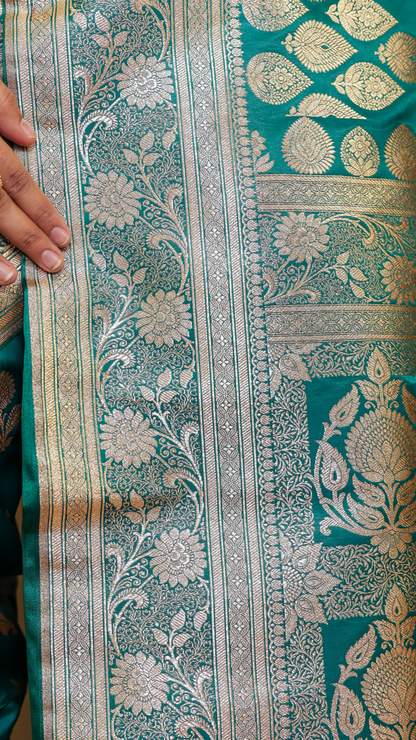 Deep bluish-green Banarasi Katan Silk Saree