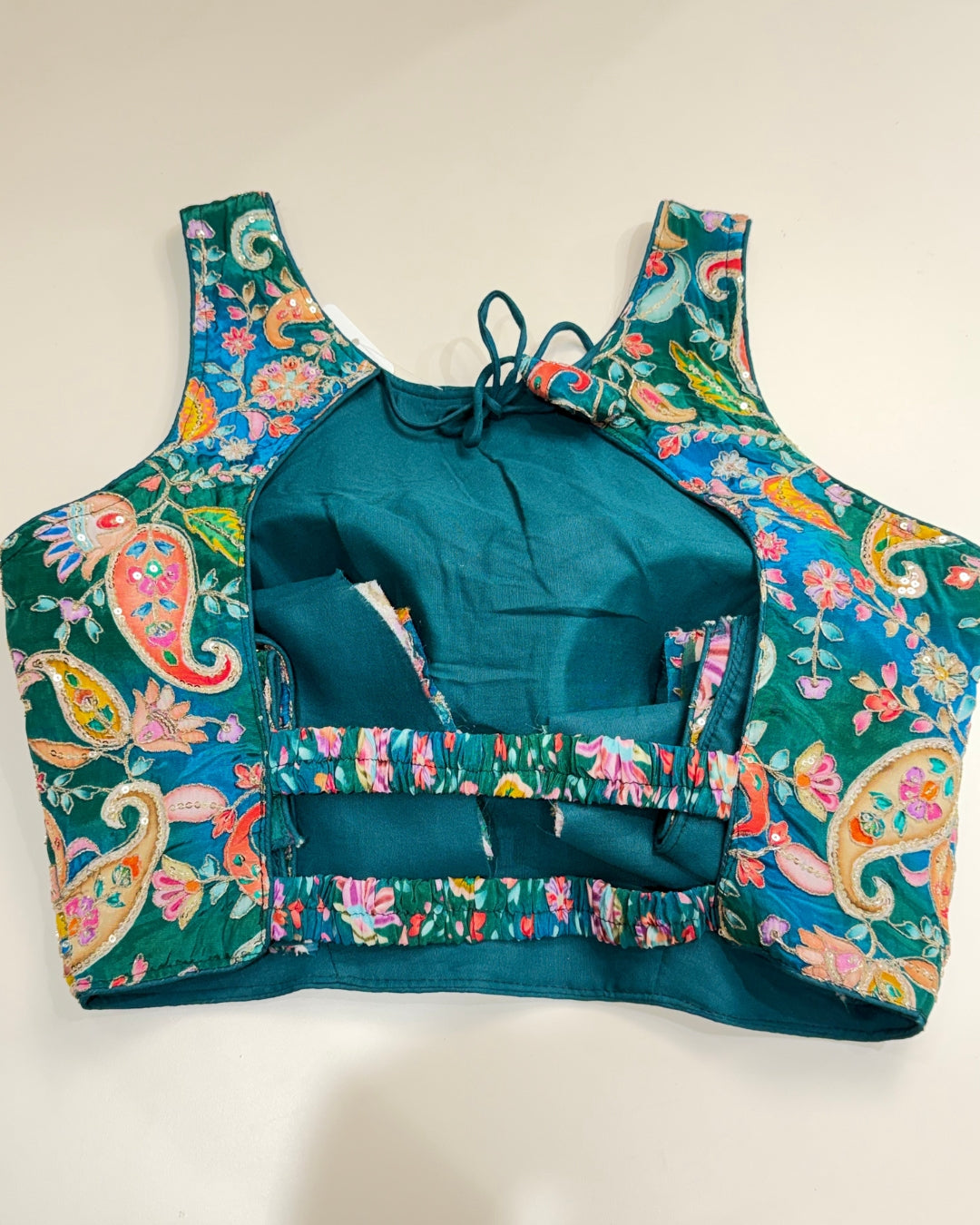 Banarashe Teal Kalamkari Floral Sleeveless Blouse