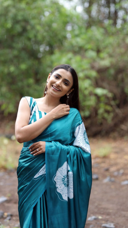 Office Wear Satin Saree – Teal Digital Print