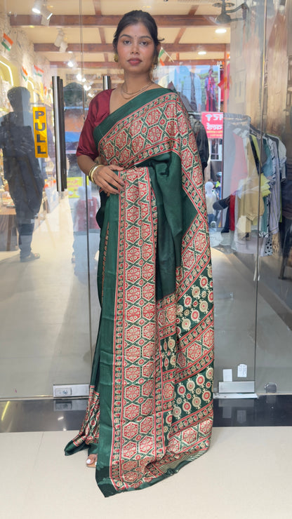 Elegant Dark Green Printed Silk Saree with Traditional Border