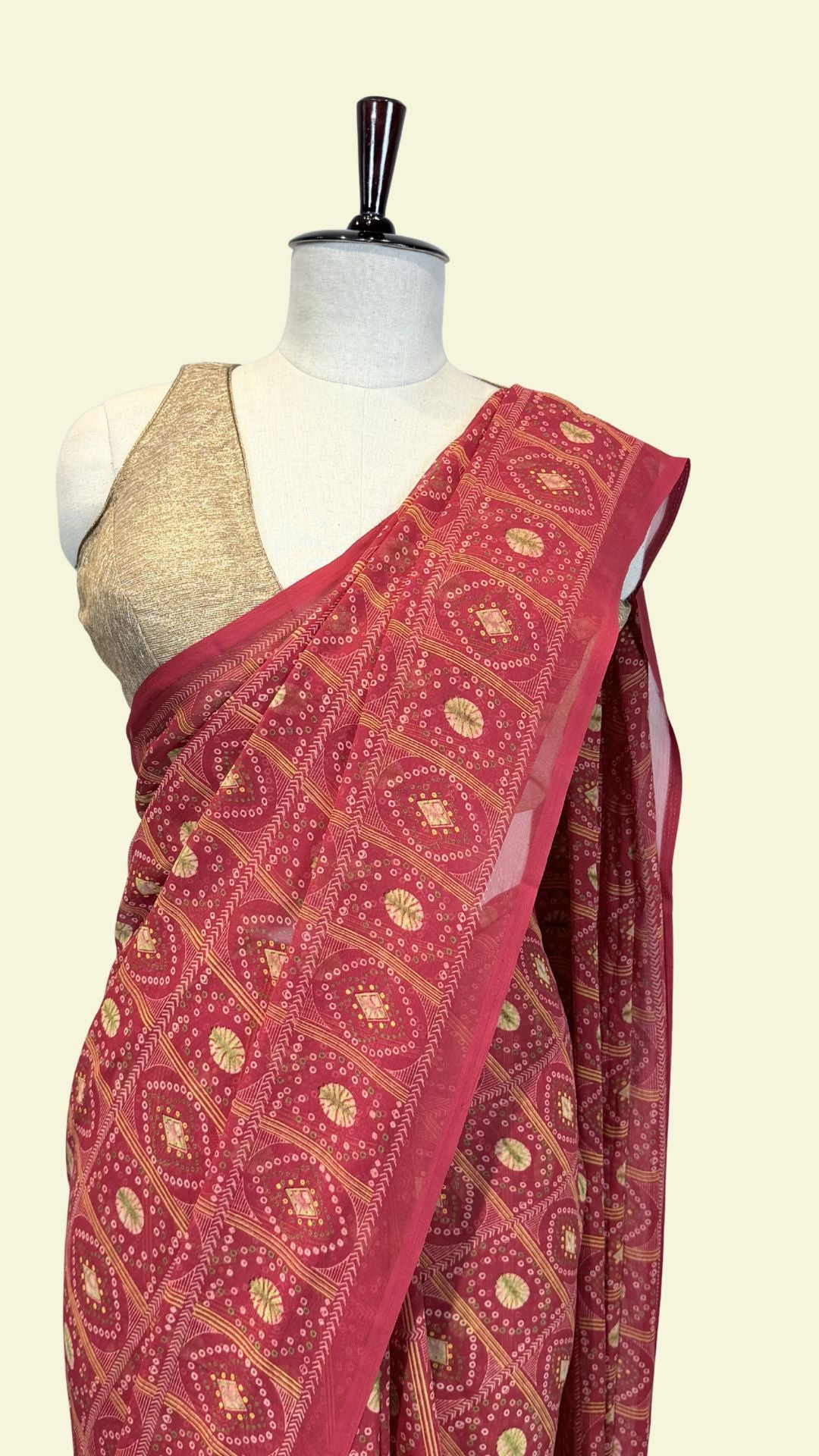 Red Geometric Print Synthetic Saree