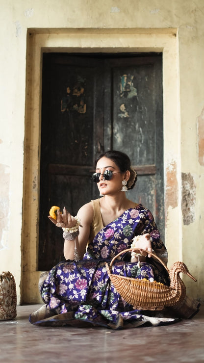Pure Silk Handloom Katan Tilfi Jungla Meenakari Saree – Royal Purple