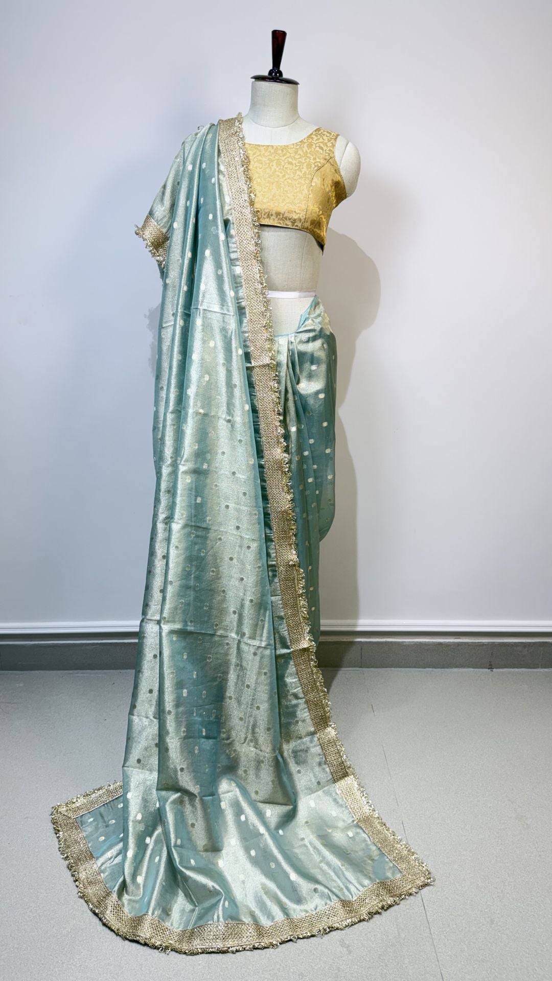 Pastel Mint Blue Tissue Silk Saree with Gold Lace Border