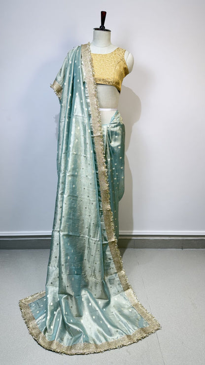 Pastel Mint Blue Tissue Silk Saree with Gold Lace Border