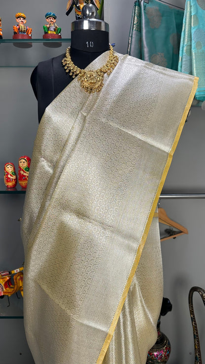 Light Yellow and cream banarasi crush tissue saree