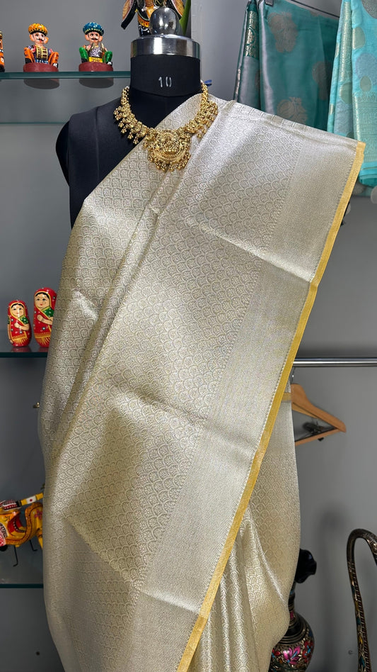 Yellow and cream banarasi crush tissue saree