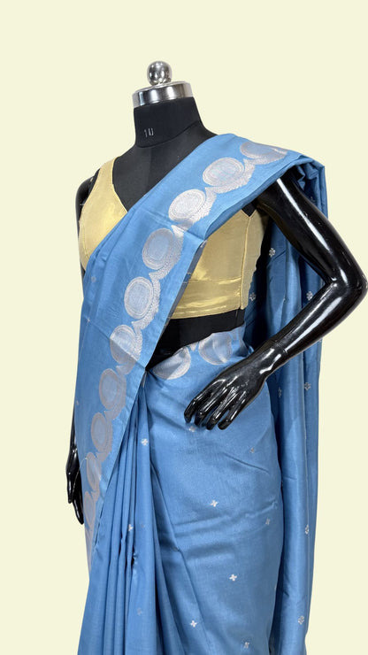 Royal Blue Raw Mango Silk Saree with Floral Weaving