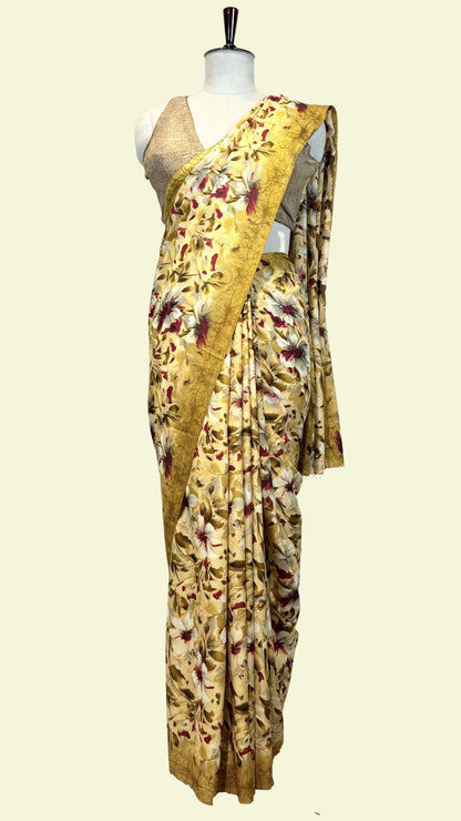 Mustard Yellow Floral Print Synthetic Saree