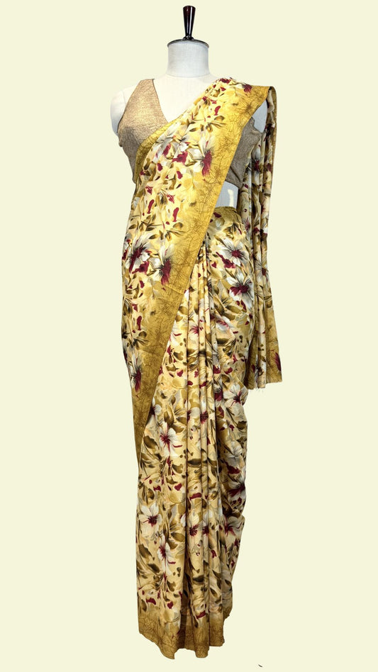 Mustard Yellow Floral Print Synthetic Saree