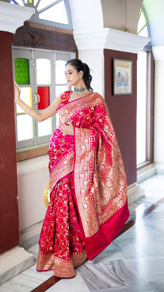 Rang Mahal Banarasi Katan Silk Saree – Vibrant Rose Woven Dream