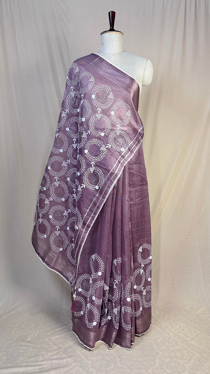 Elegant purple tissue Saree with Embroidery border& Floral Motifs,