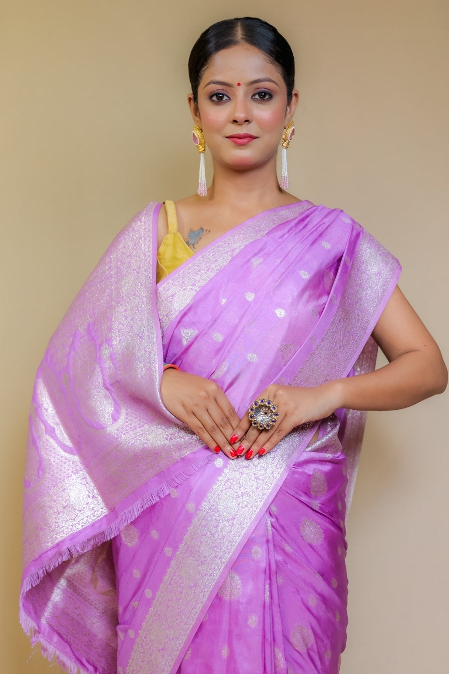Exquisite Lilac Banarasi Italian Crepe Chinon Silk Saree