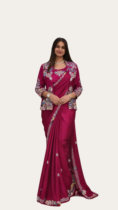 Ready-to-Wear Magenta Saree Set with Intricate Embroidery Jacket