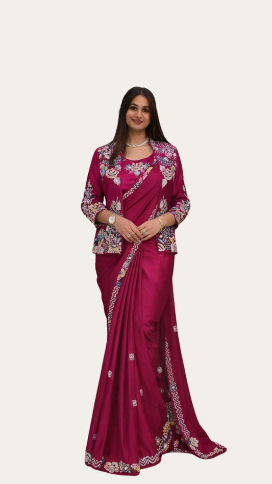Ready-to-Wear Magenta Saree Set with Intricate Embroidery Jacket